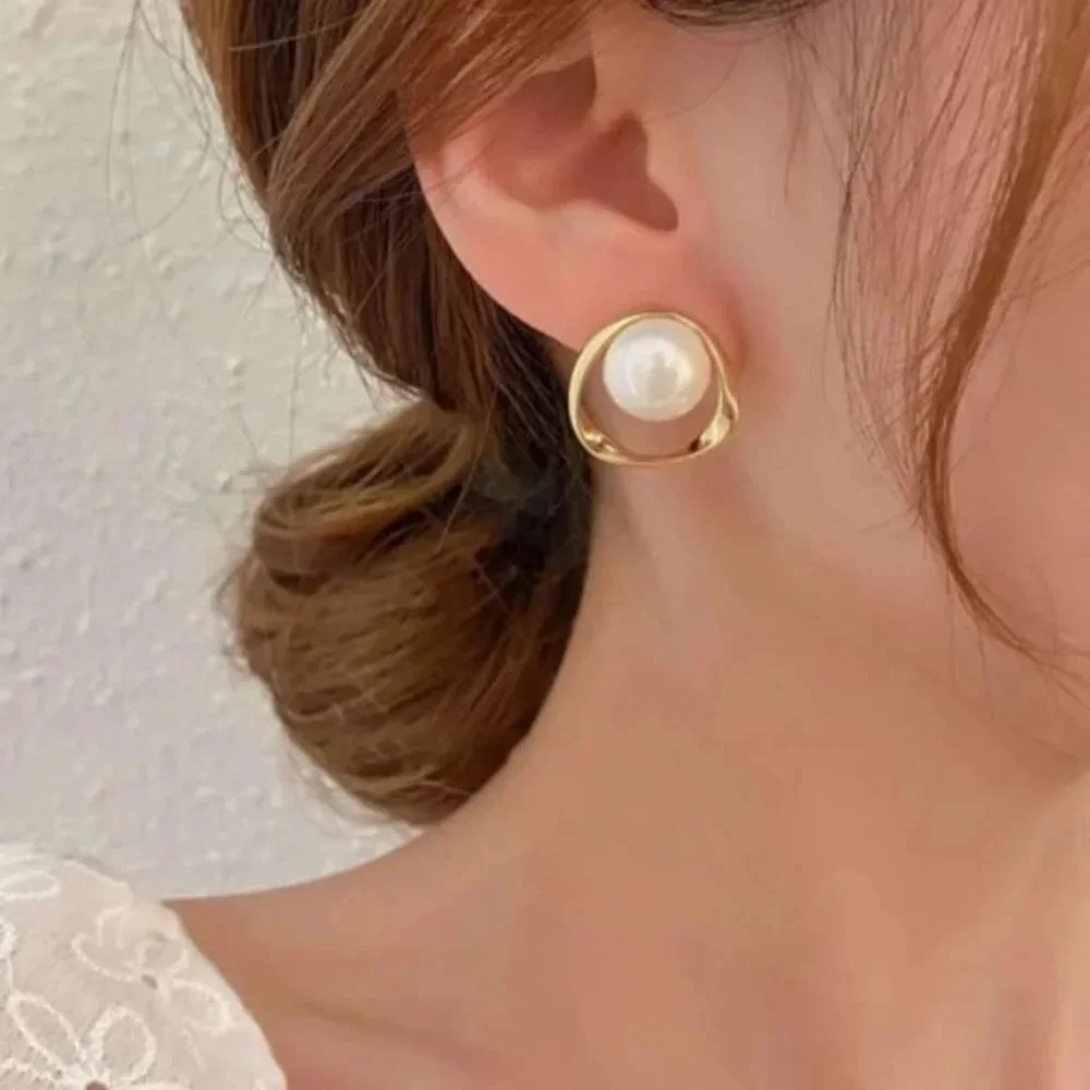 NEW Minimalist Gold Large White Pearl Stud Earrings